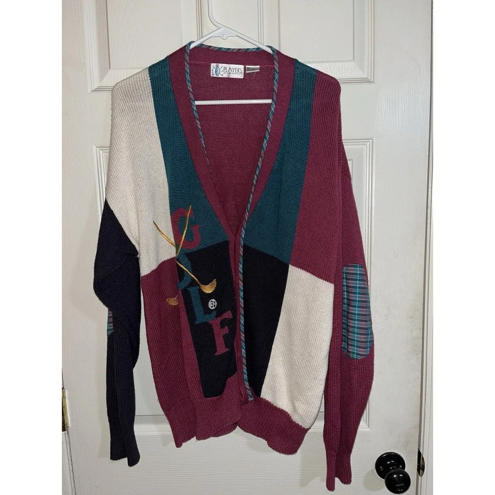 Vtg. Players Van Huesen Golf Cardigan , Patched Elbows , Embroidered Ramie Blend